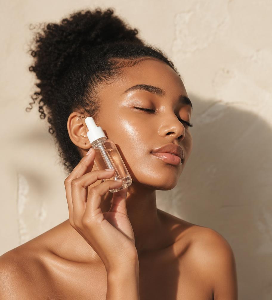 Woman with glowing skin holding a skincare serum dropper